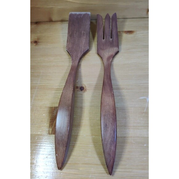 Vintage Wooden Salad Utensils Fork 12" Serving Set Made in Canada MCM Style Read - Picture 2 of 8